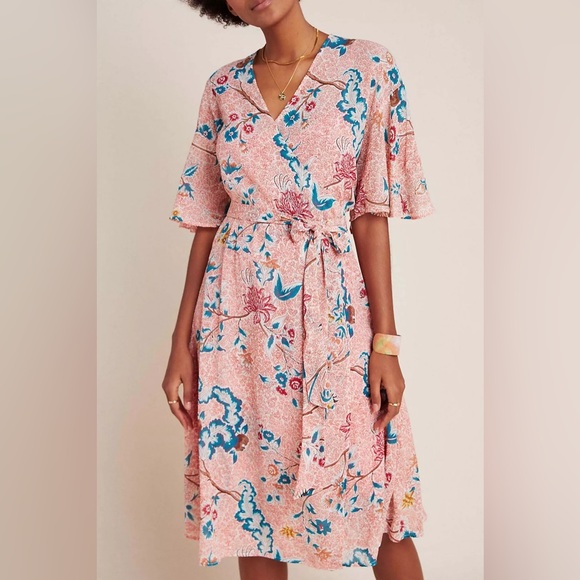 Anthropologie Maeve Adelaide pink floral Wrap Dress 23820 - Picture 3 of 12